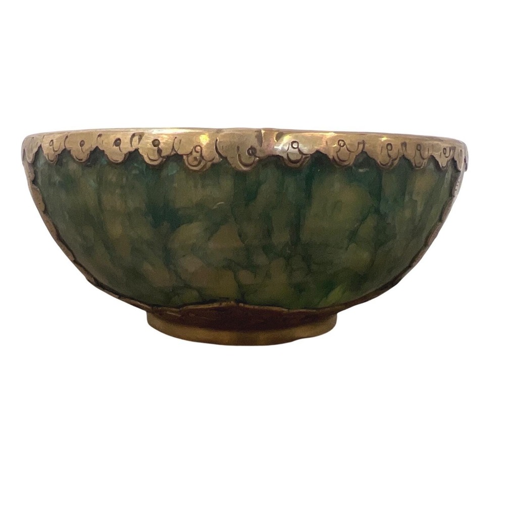 Vintage Laos Green Quartz Wedding Bowl Brass Filigree Trinket  MCM Boho Asian